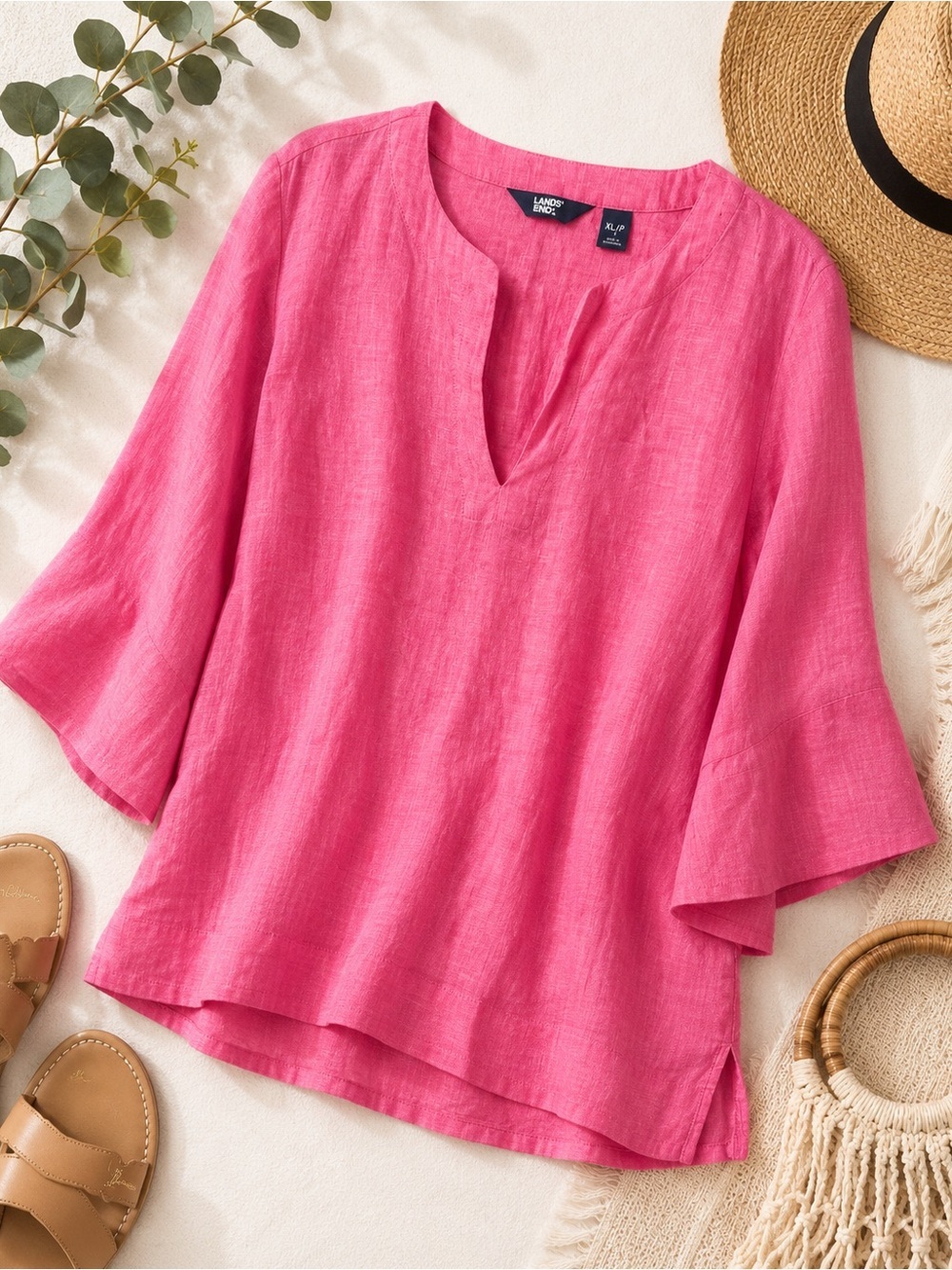 Lands' End Women's Hot Pink Linen Split-Neck Tunic 100% Linen